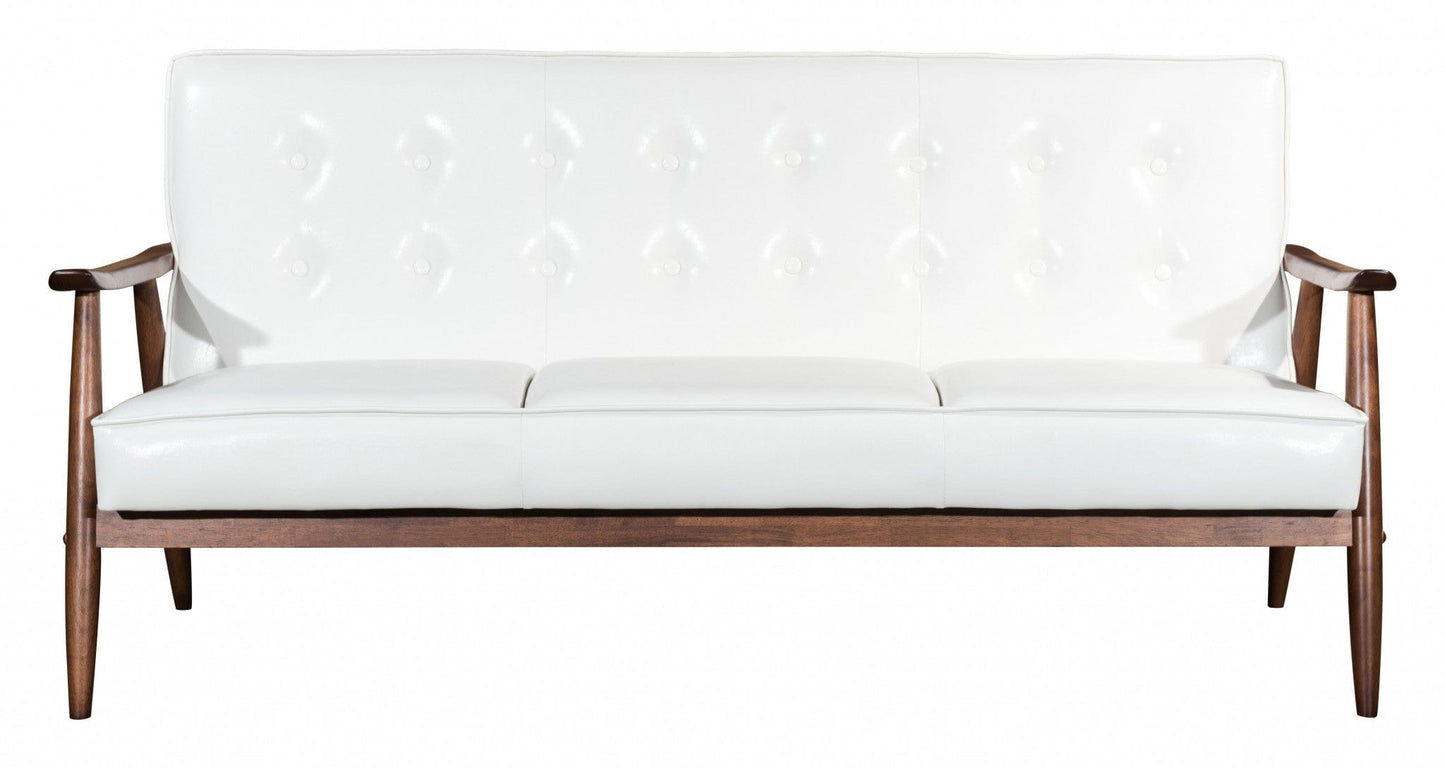 69" White Button Tufted Faux Leather And Brown Standard Sofa