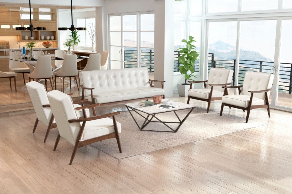 69" White Button Tufted Faux Leather And Brown Standard Sofa