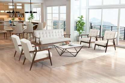 69" White Button Tufted Faux Leather And Brown Standard Sofa