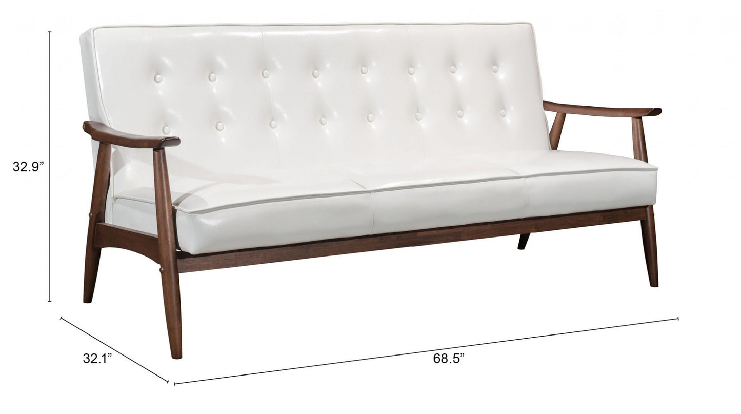 69" White Button Tufted Faux Leather And Brown Standard Sofa