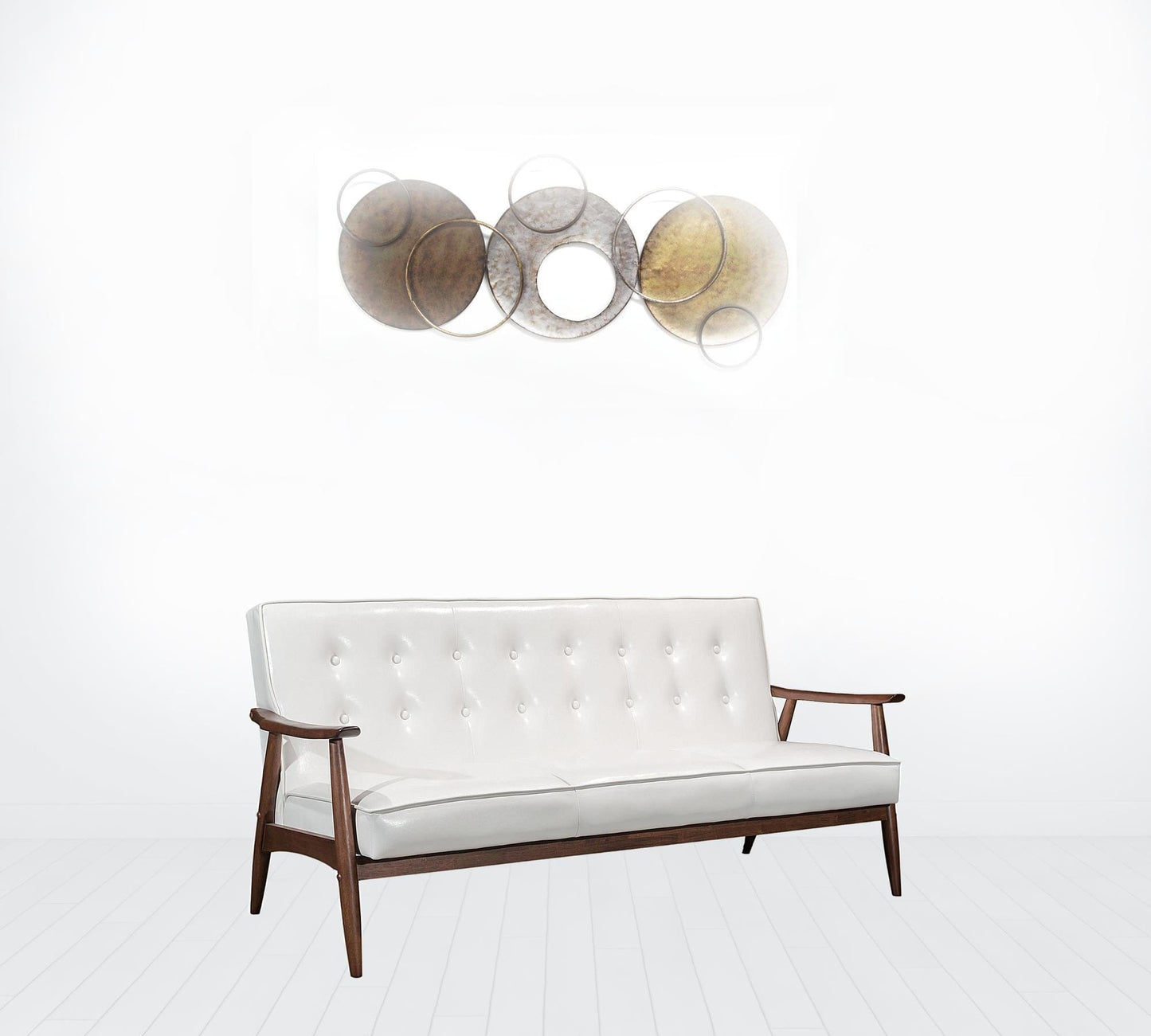 69" White Button Tufted Faux Leather And Brown Standard Sofa