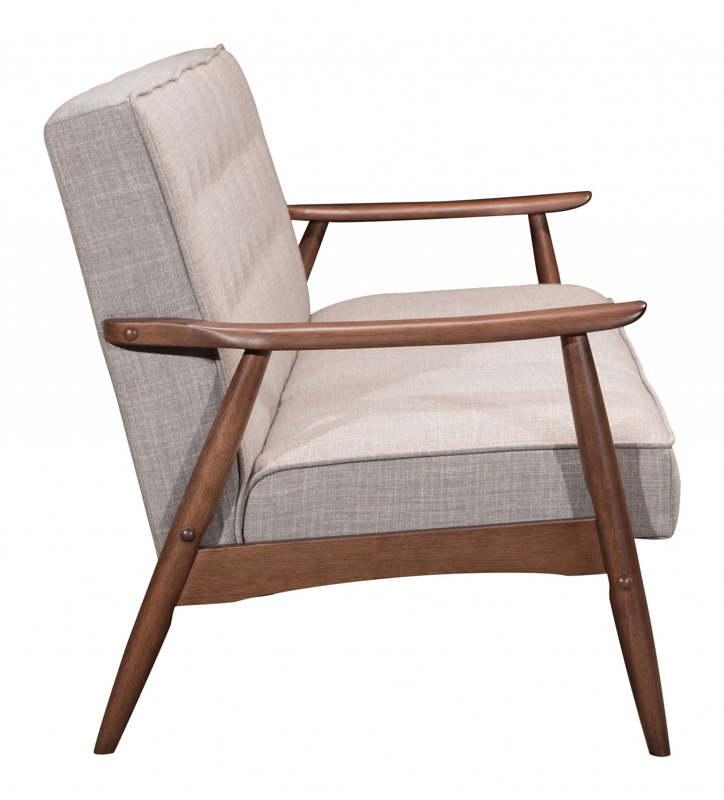 69" Taupe Beige Tufted Fabric And Brown Solid Wood Sofa