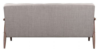 69" Taupe Beige Tufted Fabric And Brown Solid Wood Sofa