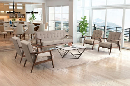 69" Taupe Beige Tufted Fabric And Brown Solid Wood Sofa