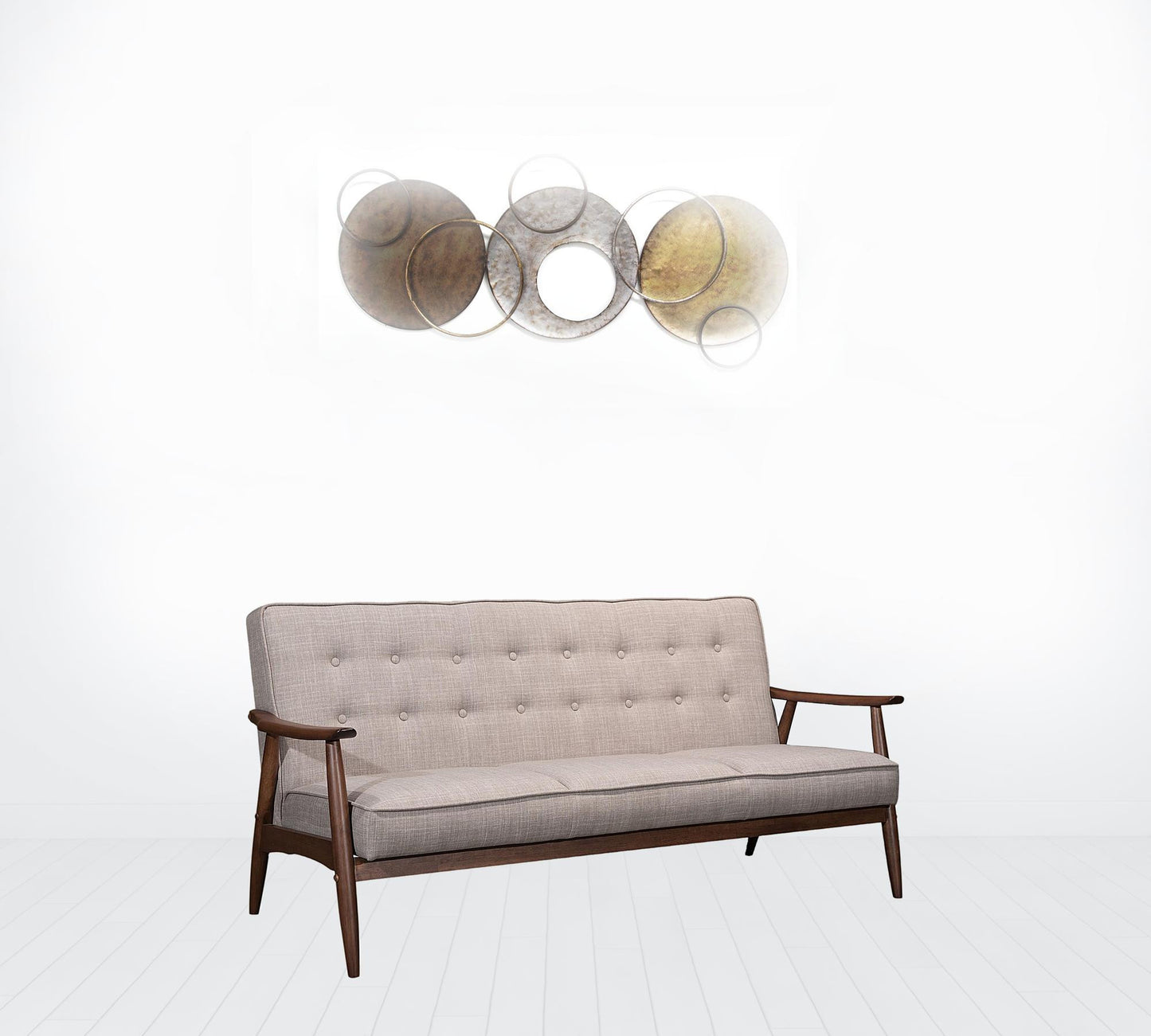 69" Taupe Beige Tufted Fabric And Brown Solid Wood Sofa