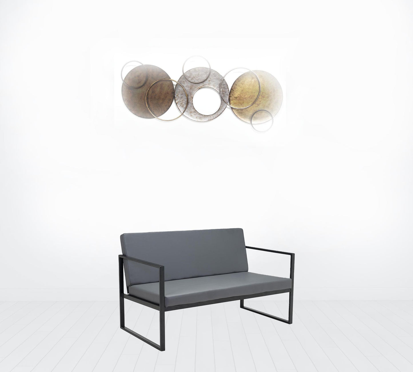 45" Gray Faux Leather And Black Metal Contemporary Sofa