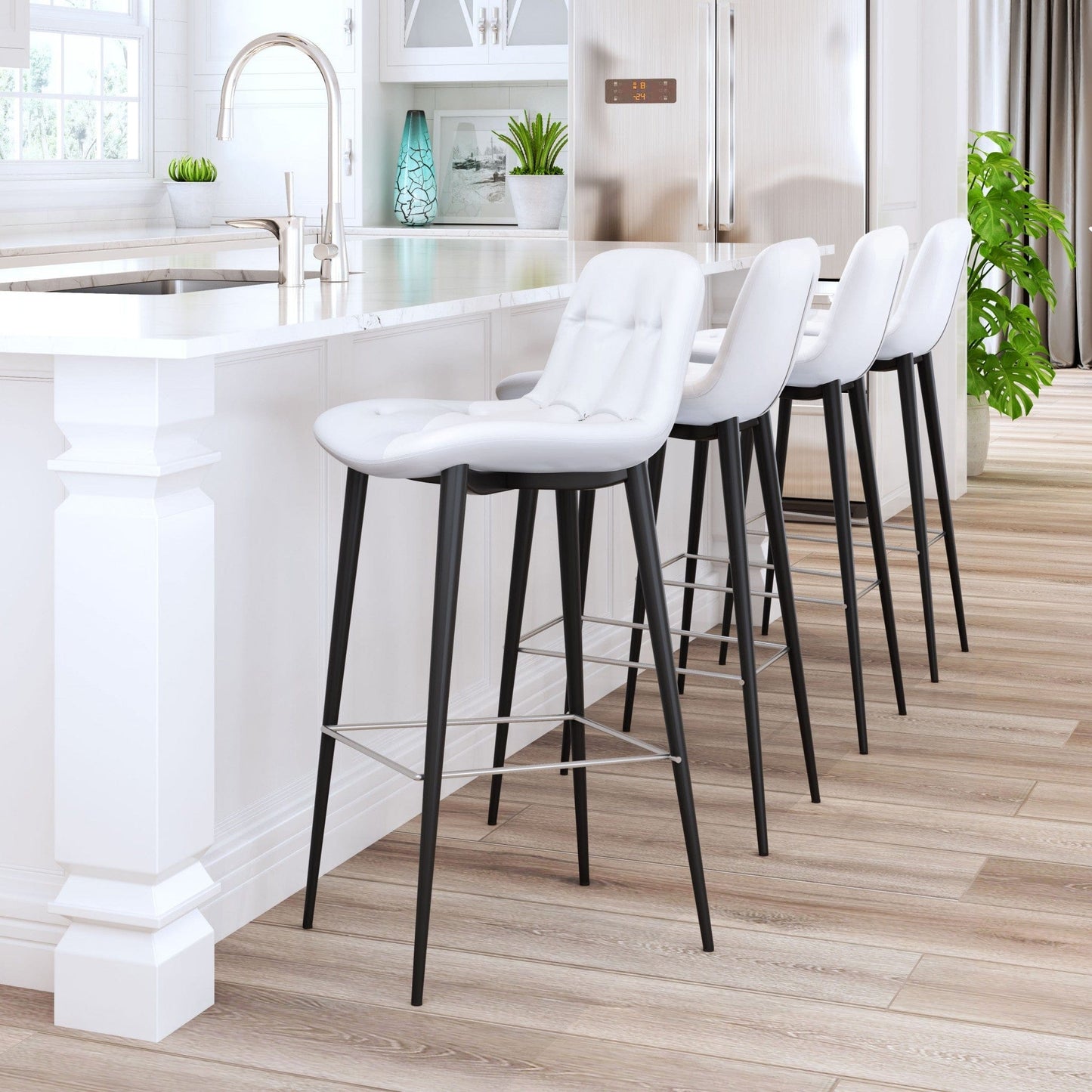 Set Of Two 36" White Steel Low Back Chairs With Footrest