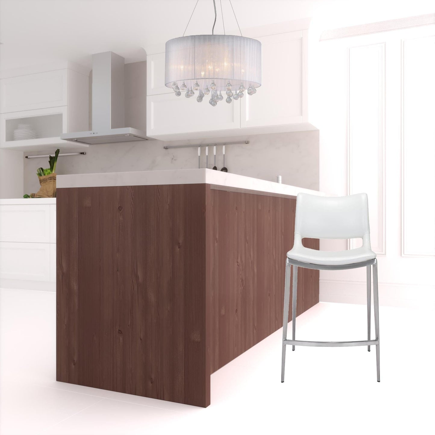 Set of Two White Faux Leather and Silver Mod Ergo Counter Chairs