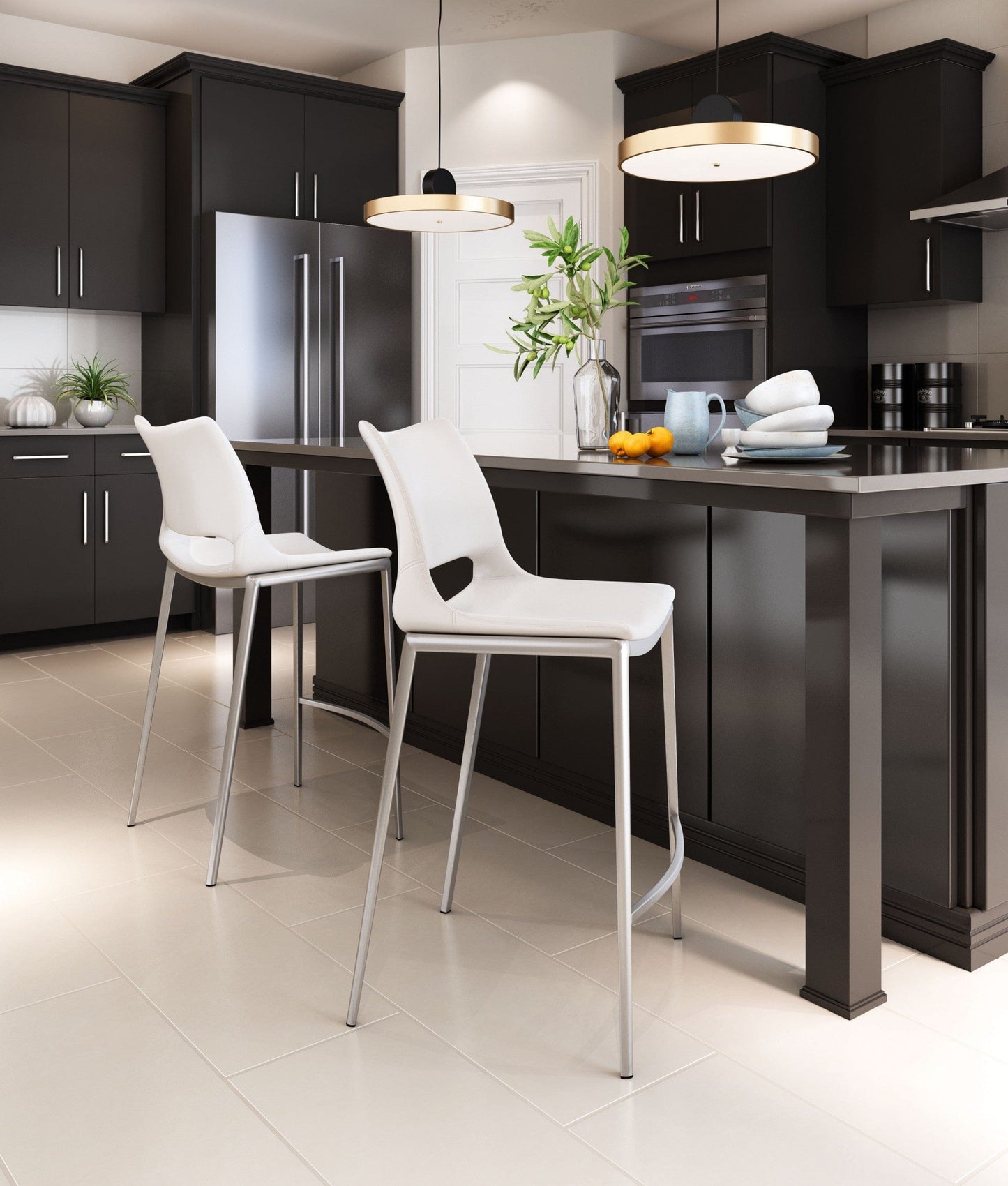 Set of Two White Faux Leather and Silver Mod Ergo Counter Chairs