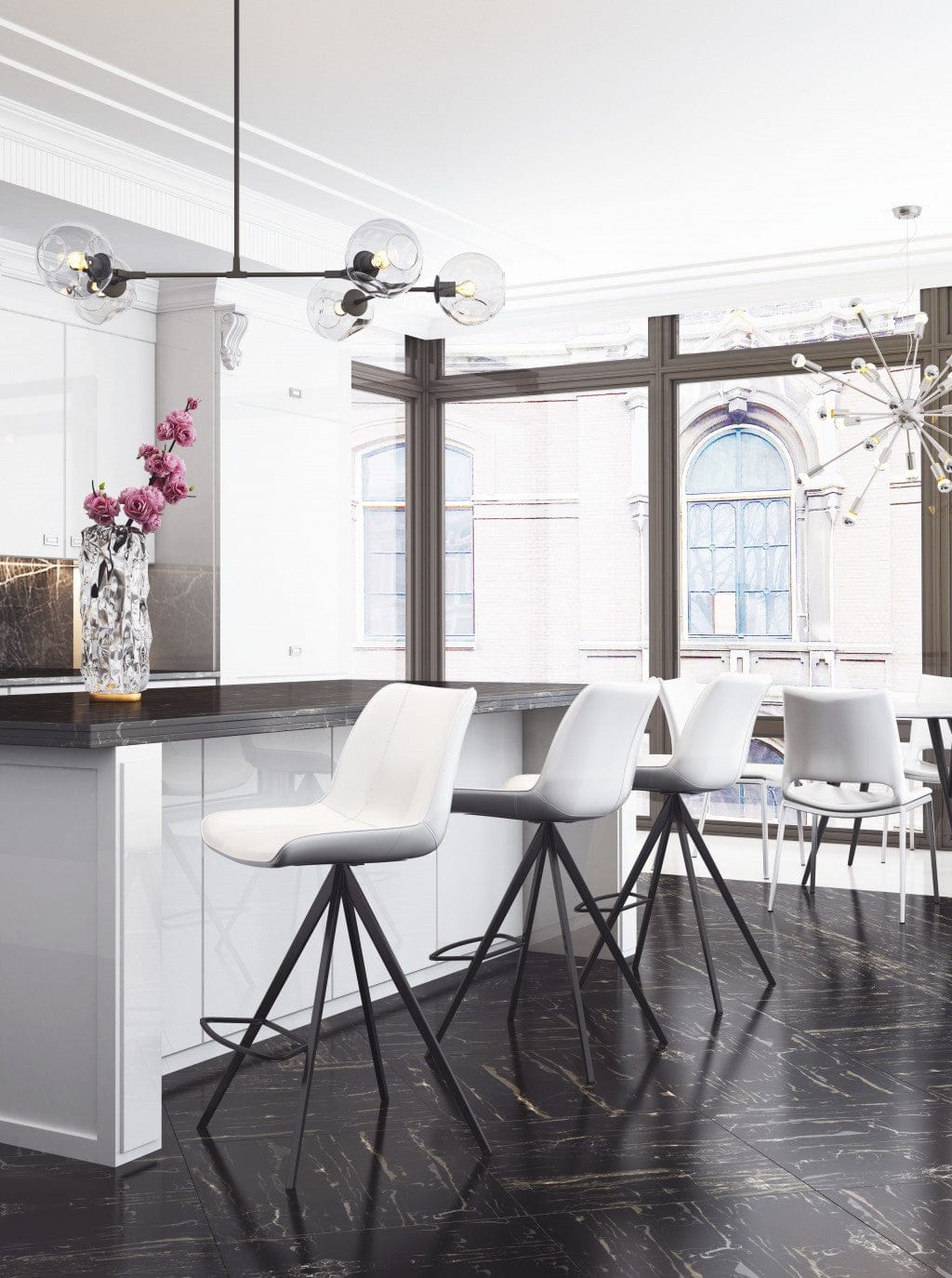 Set of Two White and Black Faux Leather Triangle Base Counter Chairs
