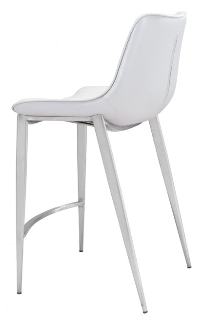 Set of Two White Faux Leather and Steel Modern Stitch Bucket Counter Chairs