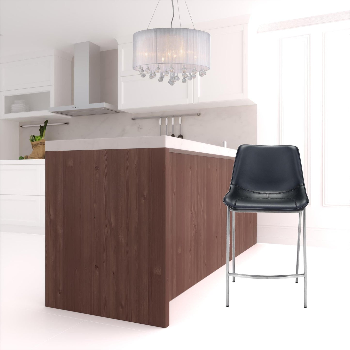 Set of Two Black Faux Leather and Steel Modern Stitch Bucket Counter Chairs