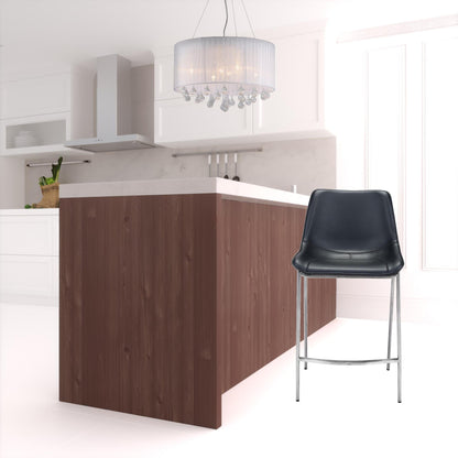 Set of Two Black Faux Leather and Steel Modern Stitch Bucket Counter Chairs