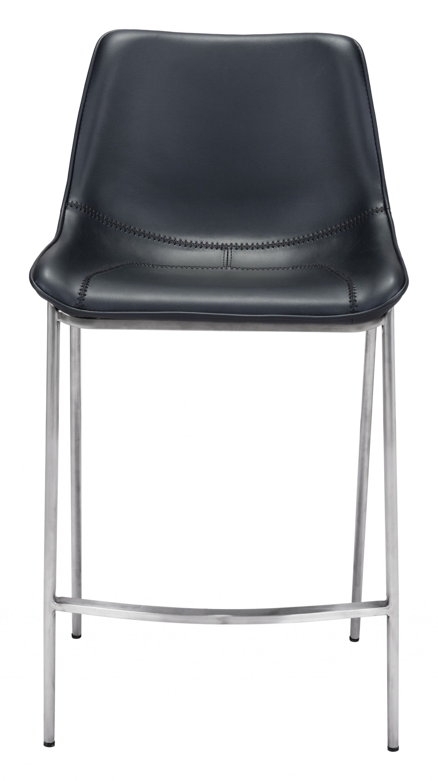 Set of Two Black Faux Leather and Steel Modern Stitch Bucket Counter Chairs