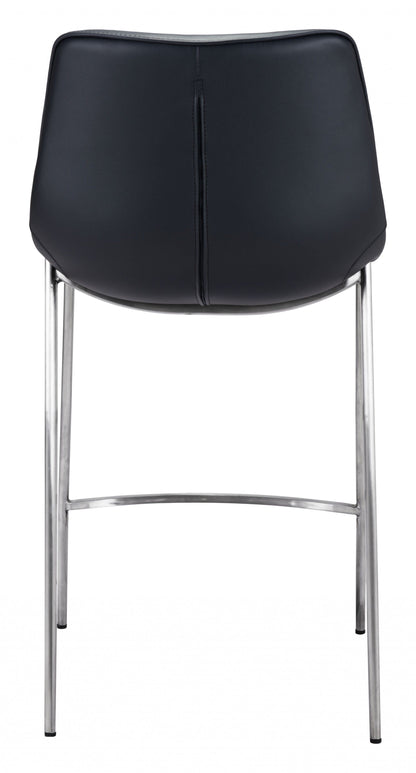 Set of Two Black Faux Leather and Steel Modern Stitch Bucket Counter Chairs