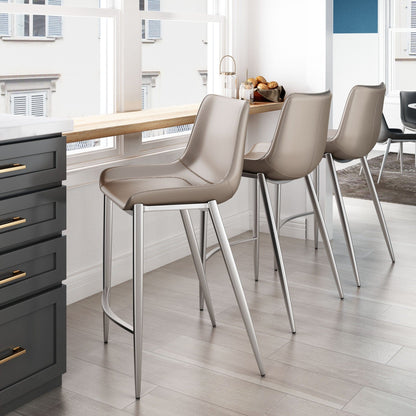 Set of Two Gray Faux Leather and Steel Modern Stitch Bucket Counter Chairs