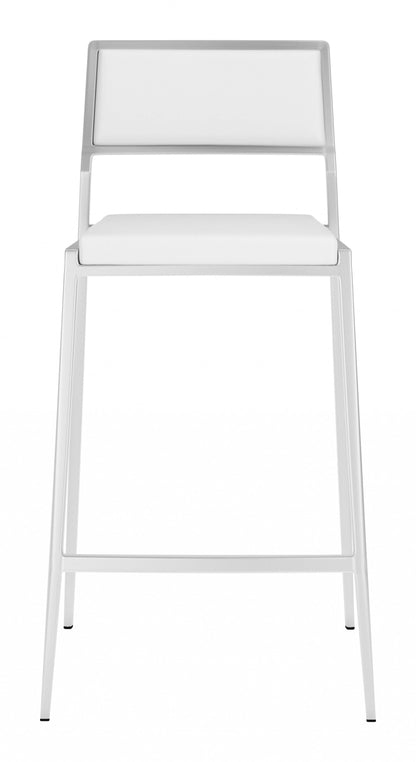 Set of Two White Faux Leather and Stainless Low Back Counter Stools