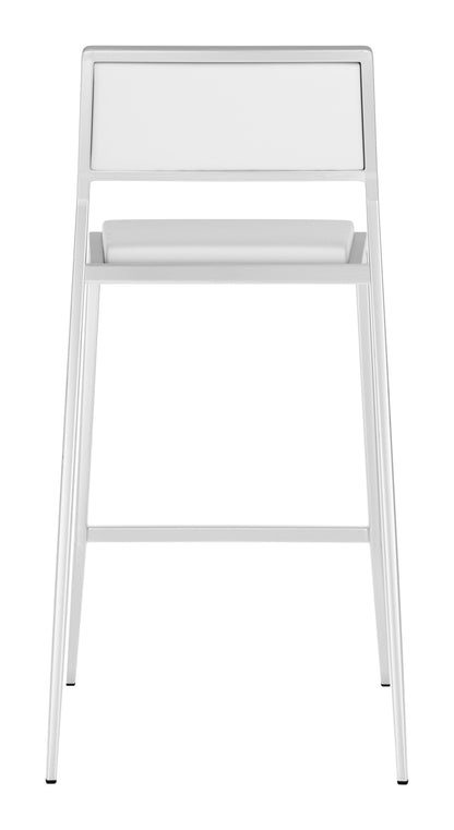 Set of Two White Faux Leather and Stainless Low Back Counter Stools