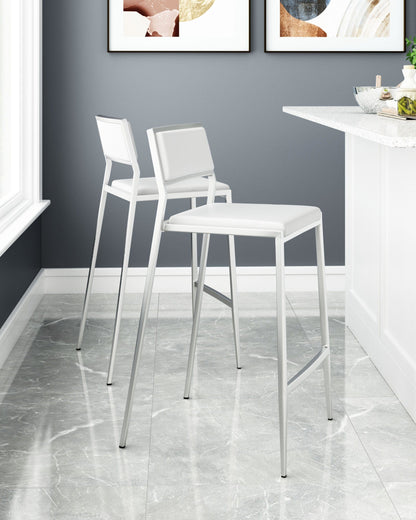 Set of Two White Faux Leather and Stainless Low Back Counter Stools