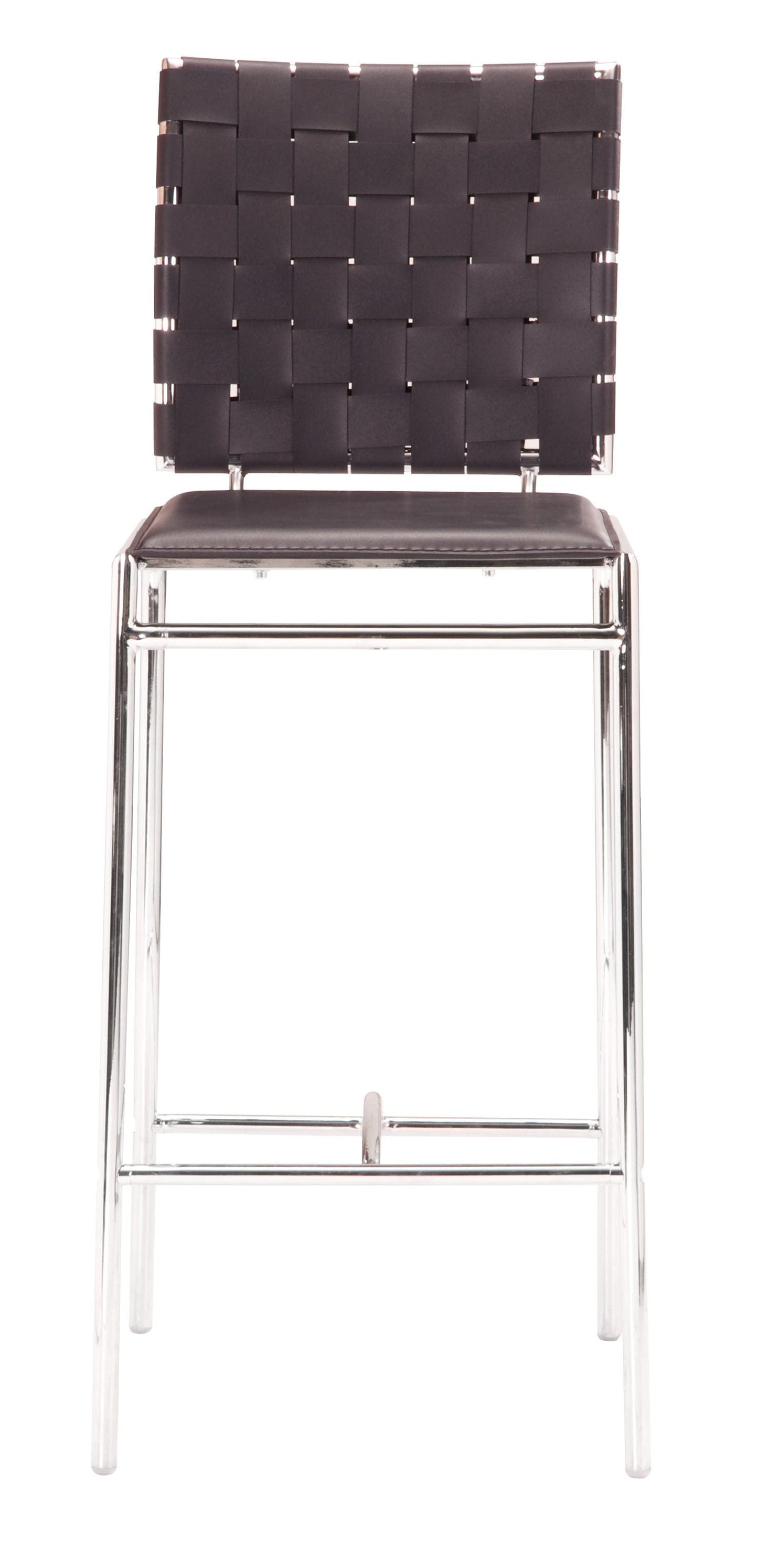 Set of Two Brown Faux Leather and Steel Modern Basket Weave Counter Height Chairs