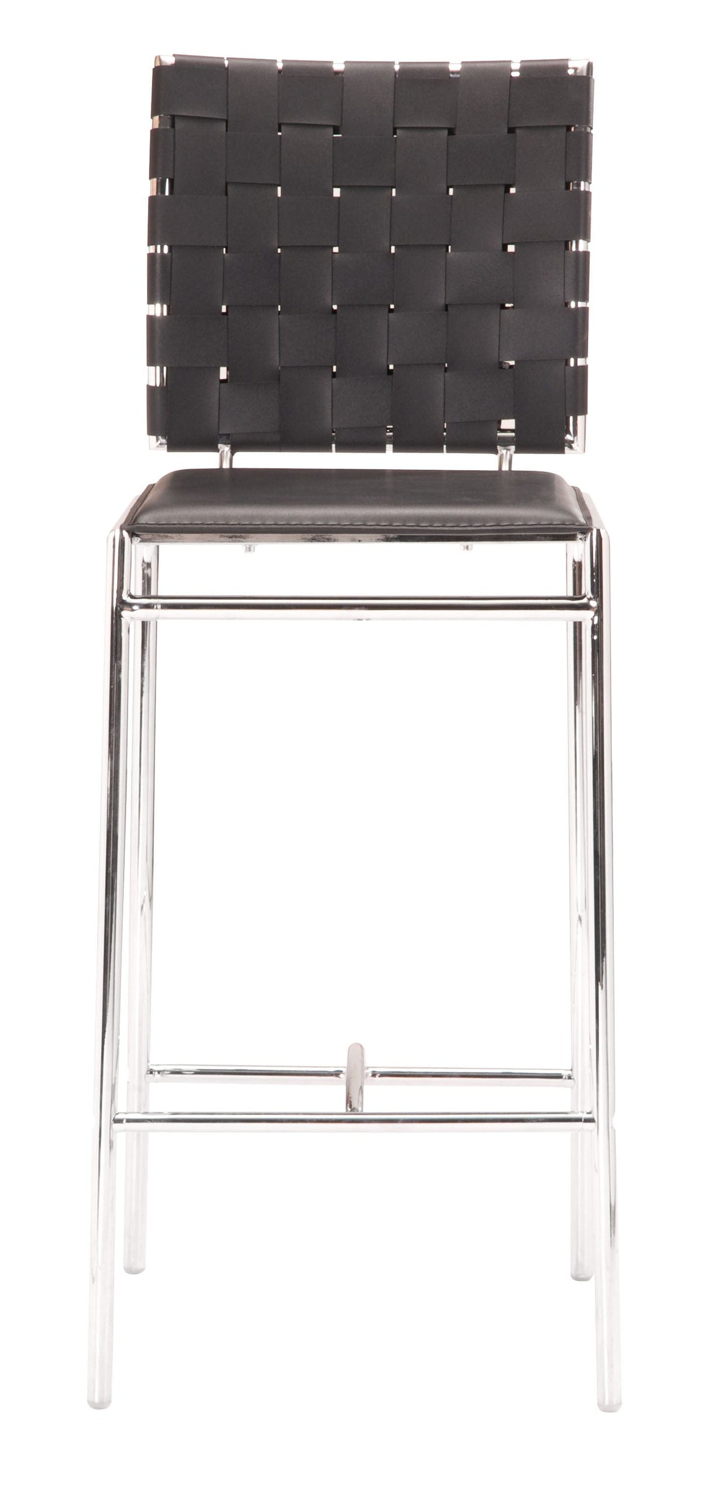 Set of Two Black Faux Leather and Steel Modern Basket Weave Counter Height Chairs