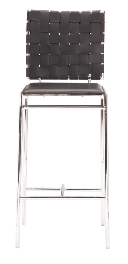 Set of Two Black Faux Leather and Steel Modern Basket Weave Counter Height Chairs