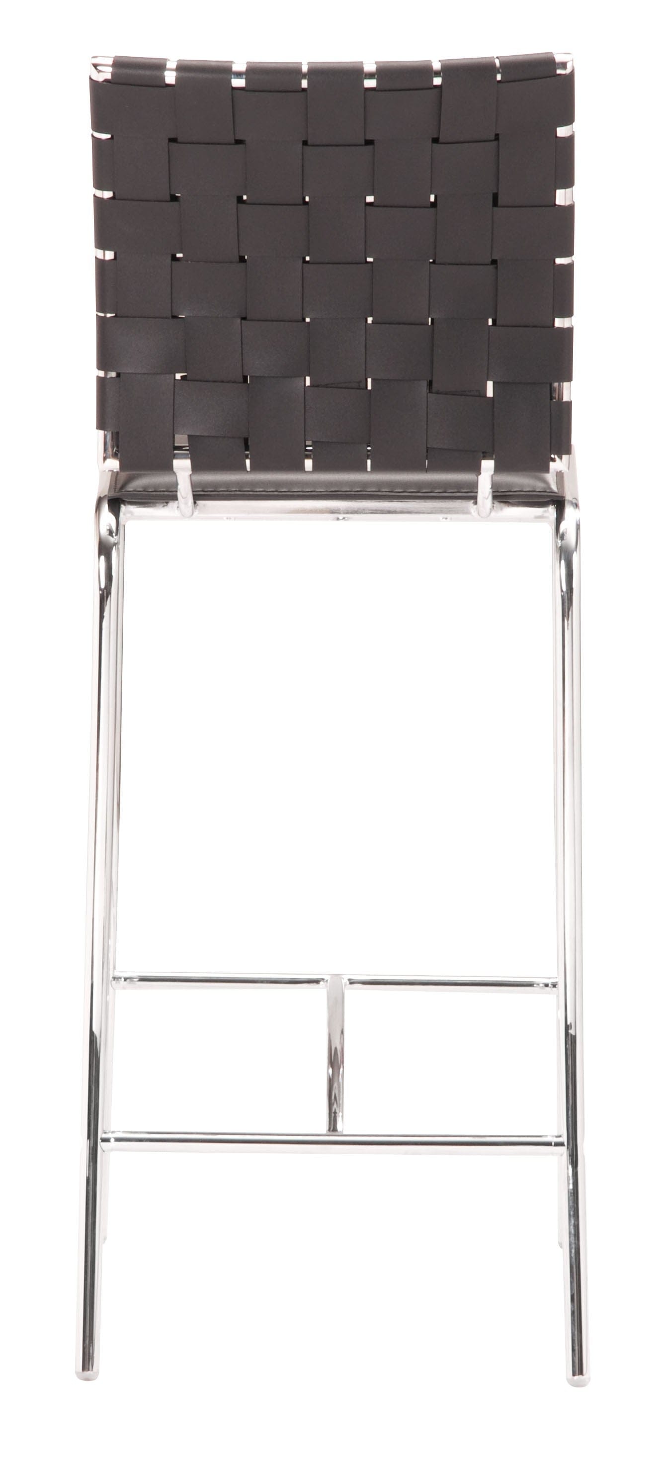 Set of Two Black Faux Leather and Steel Modern Basket Weave Counter Height Chairs