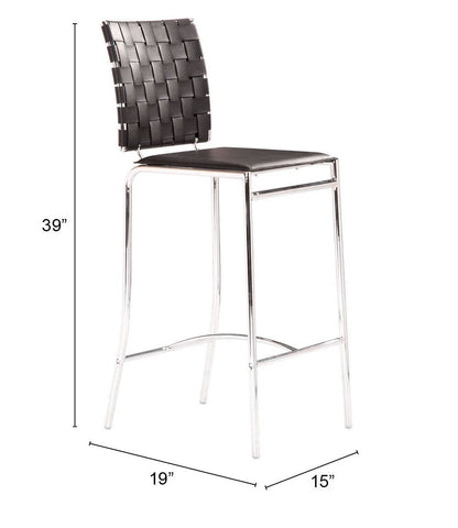 Set of Two Black Faux Leather and Steel Modern Basket Weave Counter Height Chairs