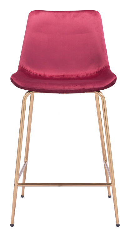 39" Red Velvet And Gold Low Back Counter Height Bar Chair With Footrest