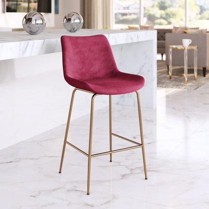 39" Red Velvet And Gold Low Back Counter Height Bar Chair With Footrest