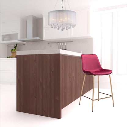 39" Red Velvet And Gold Low Back Counter Height Bar Chair With Footrest