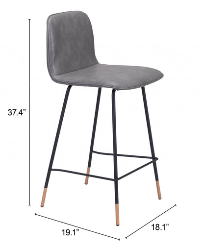 37" Gray Faux Leather and Black Steel Low Back Counter Height Bar Chair With Footrest