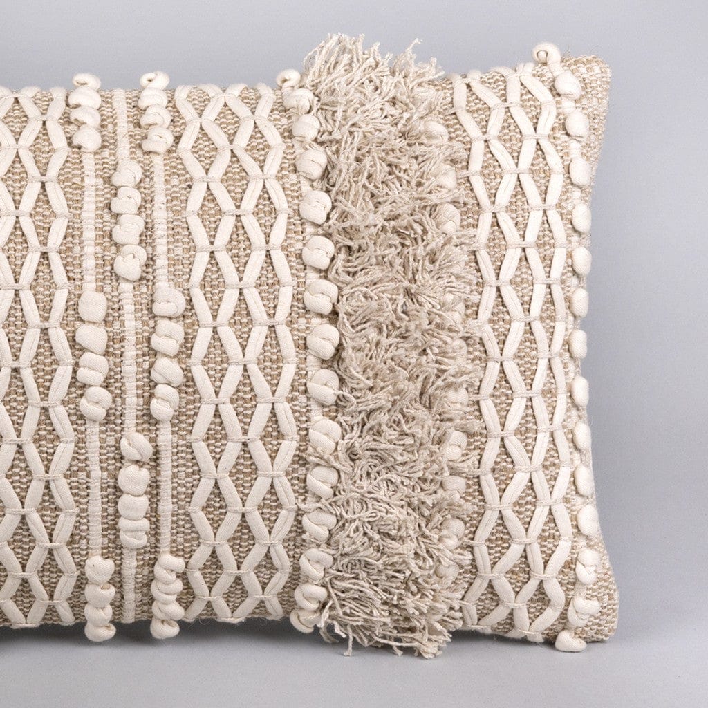 Boho Nubby Beige and White Lumbar Throw Pillow