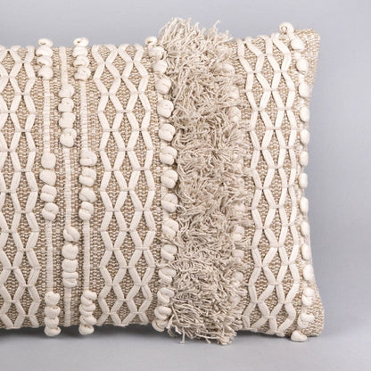 Boho Nubby Beige and White Lumbar Throw Pillow