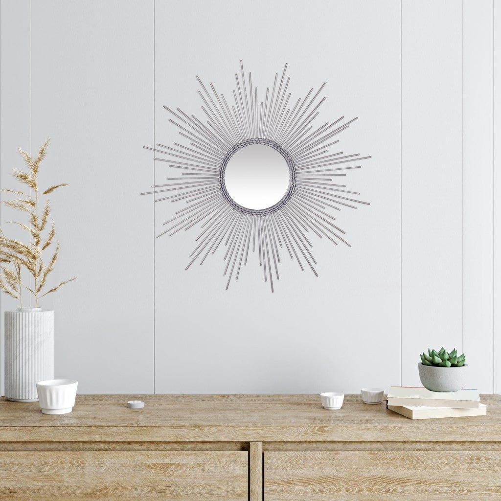 Silver Metal Sunburst Round Wall Mirror