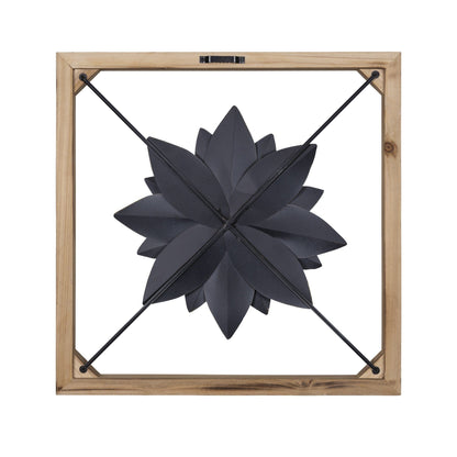 Wood Framed Gray Metal Flower Wall Décor