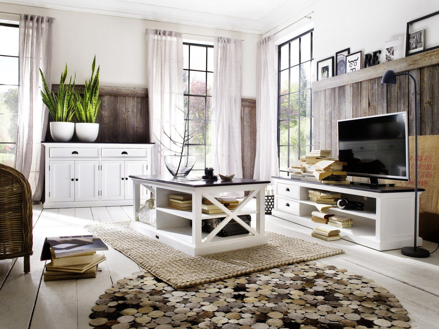 71" Classic White and Black Entertainment Unit with Two Drawers