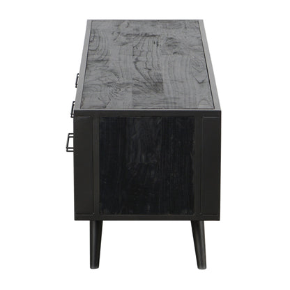 Rustic Black and Rattan TV Stand with Three Drawers