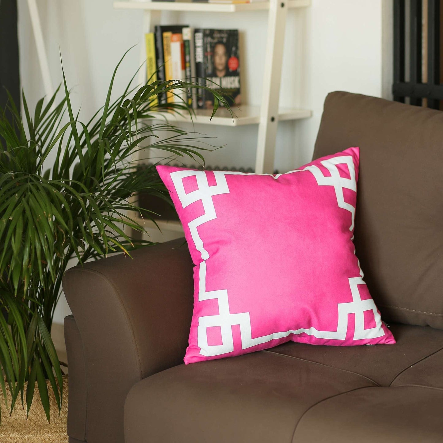 Pink and White Geometric Border Throw Pillow