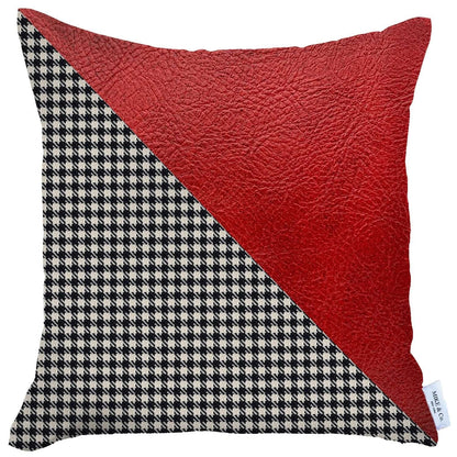 Houndstooth Red Faux Leather Throw Pillow