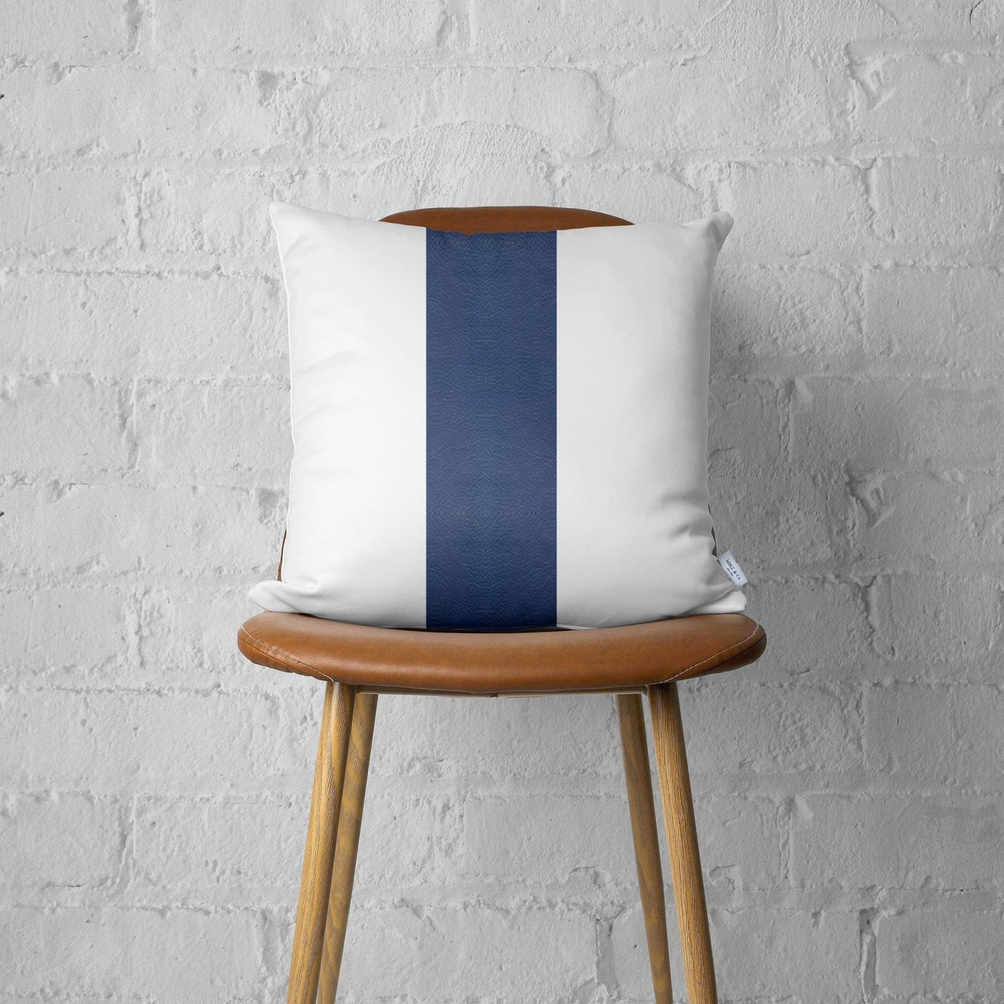 White and Navy Strap Faux Leather Throw Pillow