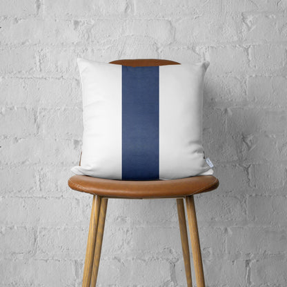 White and Navy Strap Faux Leather Throw Pillow