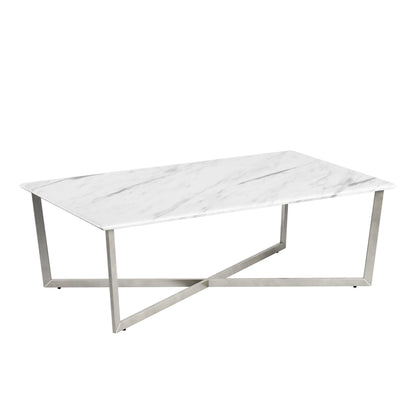 47" Silver And White Manufactured Wood And Metal Rectangular Coffee Table