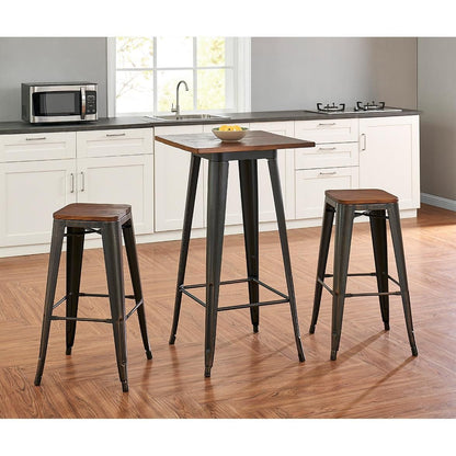 Set of Four Rustic Cafe Wood and Steel Bar Stools