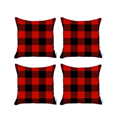 Set of 4 Red and Black Buffalo Plaid Throw Pillows
