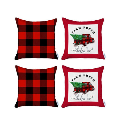 Set of 4 Red Plaid and Red Truck Throw Pillow Covers