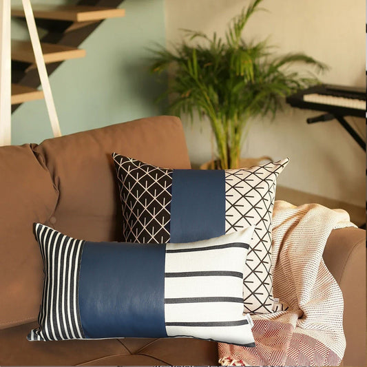 Set of 2 Navy Geometric Faux Leather Throw Pillows