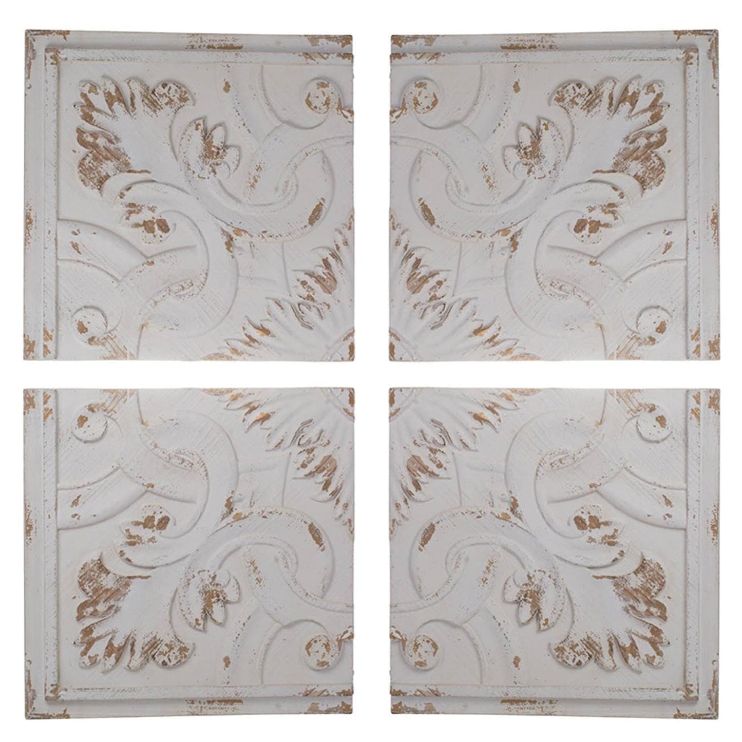 Set of 4 Whitewashed Arabesque Carved Wall Art