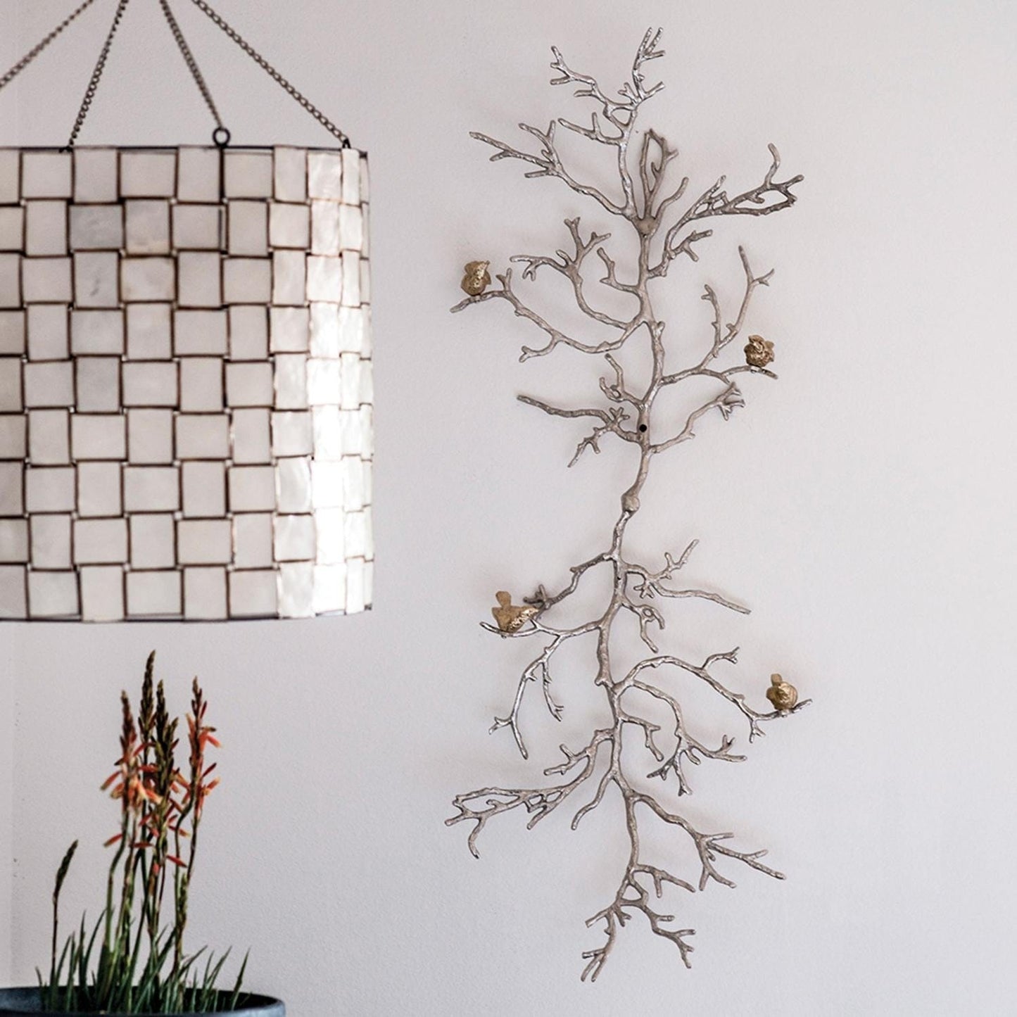 Modern 44" Silver Branch and Golden Birds Wall Art