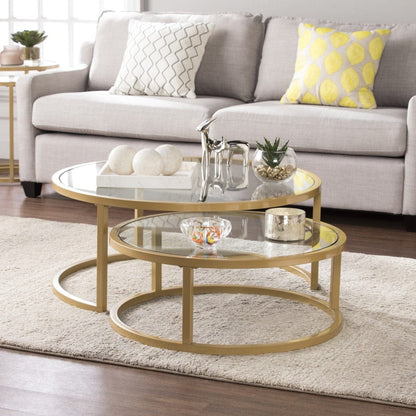 Set of Two Gold Glass Round Nested Coffee Tables